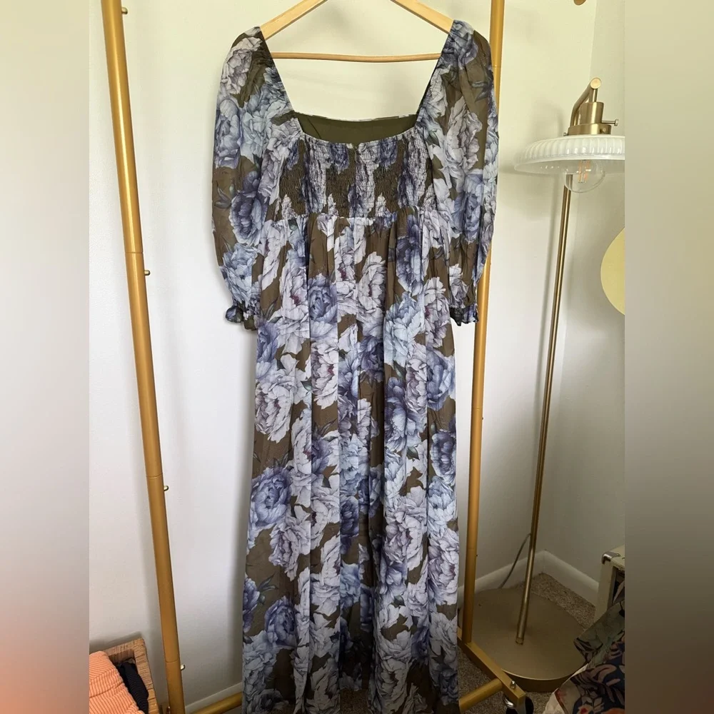 Floral Square-Neck Long Sleeve Maxi Dress - Olive & Lavender - Picture 9 of 13